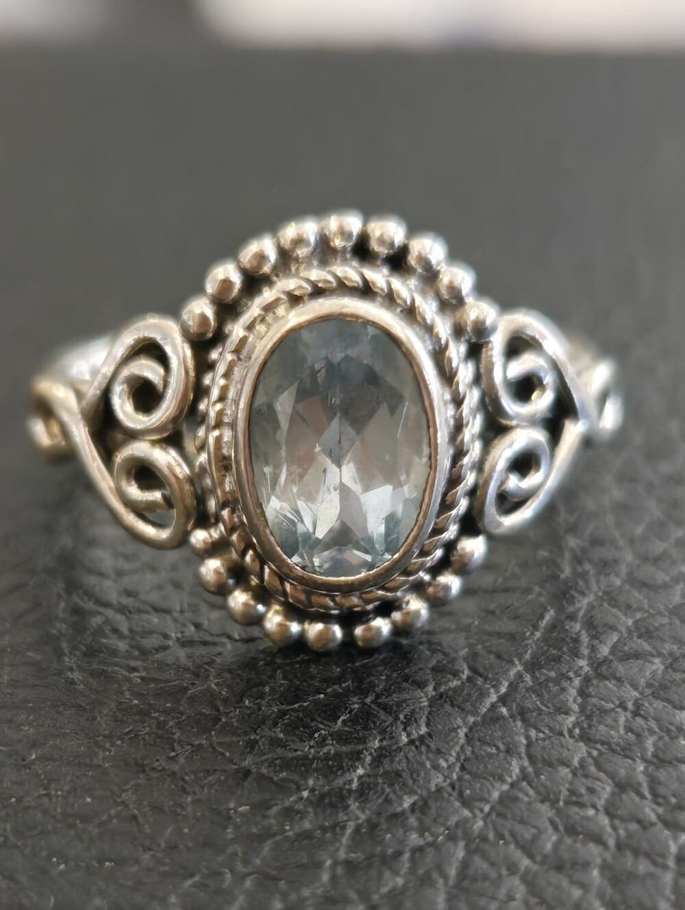 Vintage Style Natural Blue Topaz Oval Ring Sterling 925 Size 4 Dec Birthstone